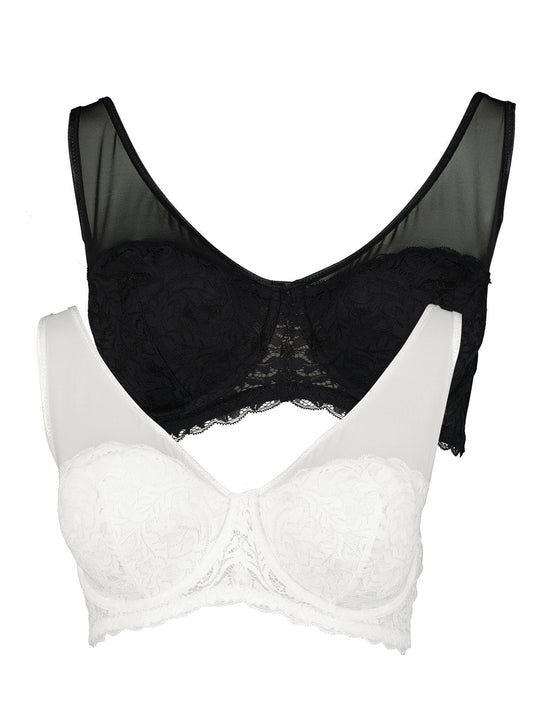 Ivory & Black Underwired Non Padded Lace Plunge Bras 2 Pack
