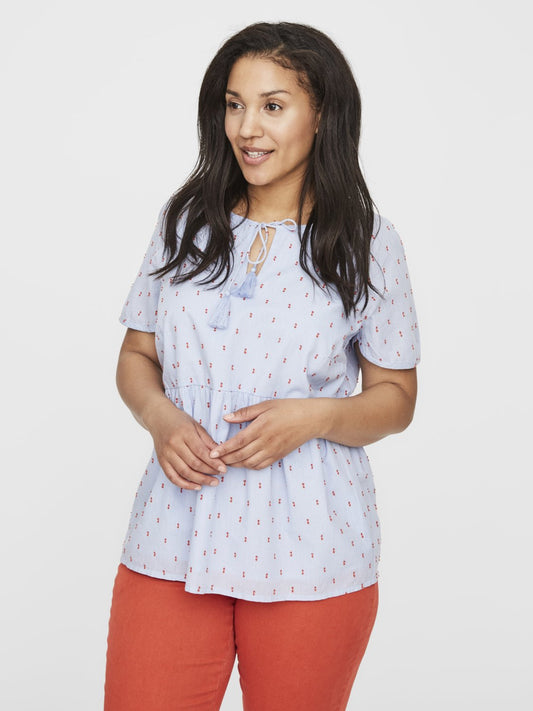 Blue Printed Tie Detail Short Sleeve Top - 16