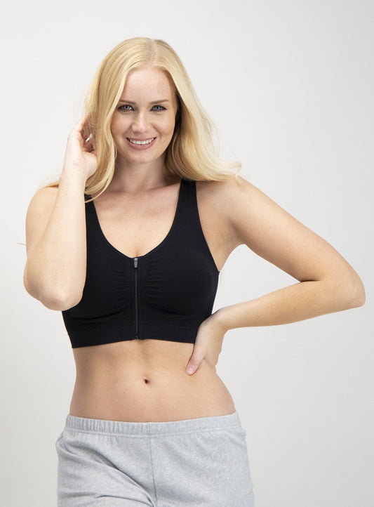 Black Seamless Stretch Zip Front Crop Top - L