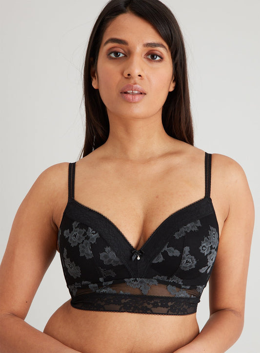 Black Two Tone Lace Longline Plunge Bra - 32D