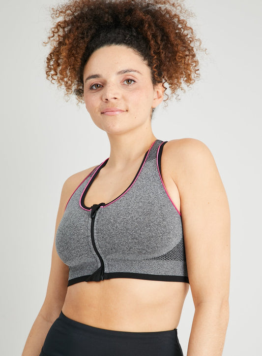 Grey Seamless Stretch Zip Front Sports Bra - L