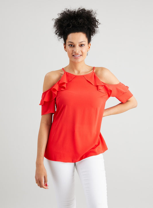Coral Ruffle Cold Shoulder Blouse - 10