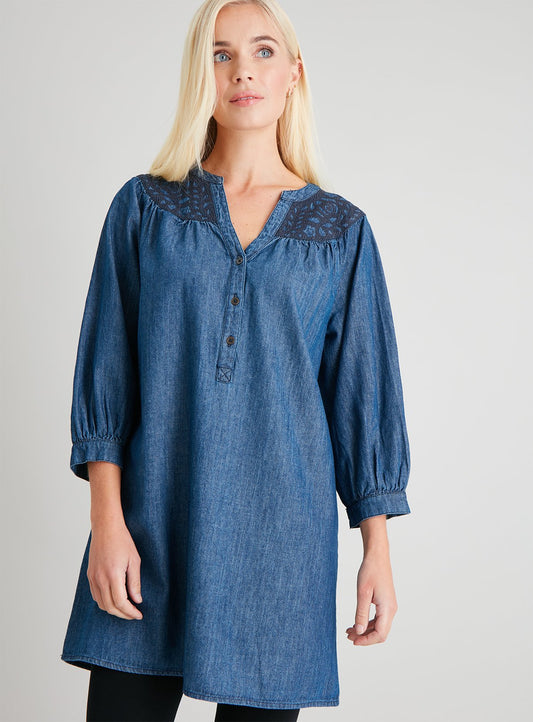 Blue Floral Yoke Denim Tunic - 10