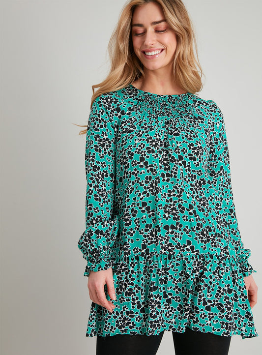 Green Floral Print Shirred Yoke Tunic - 10