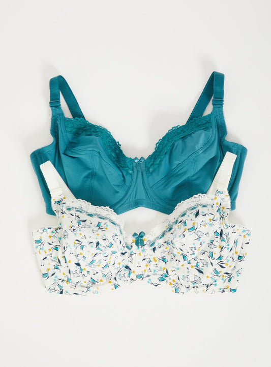 DD+ Teal & Bird Print Full Cup Bras 2 Pack - 32DD
