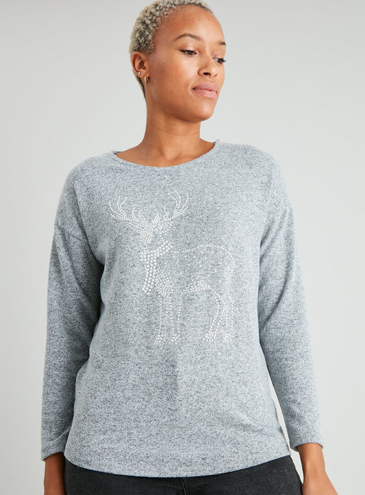 Christmas Grey Reindeer Knitlook Top - 10