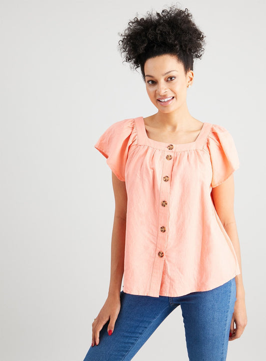 Coral Linen-Rich Button-Through Top - 10