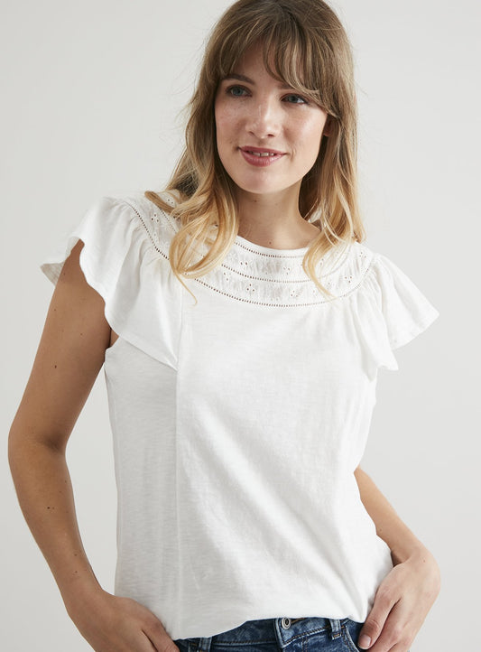 Cream Broderie Anglaise Yoke Frill Sleeve T-Shirt - 10