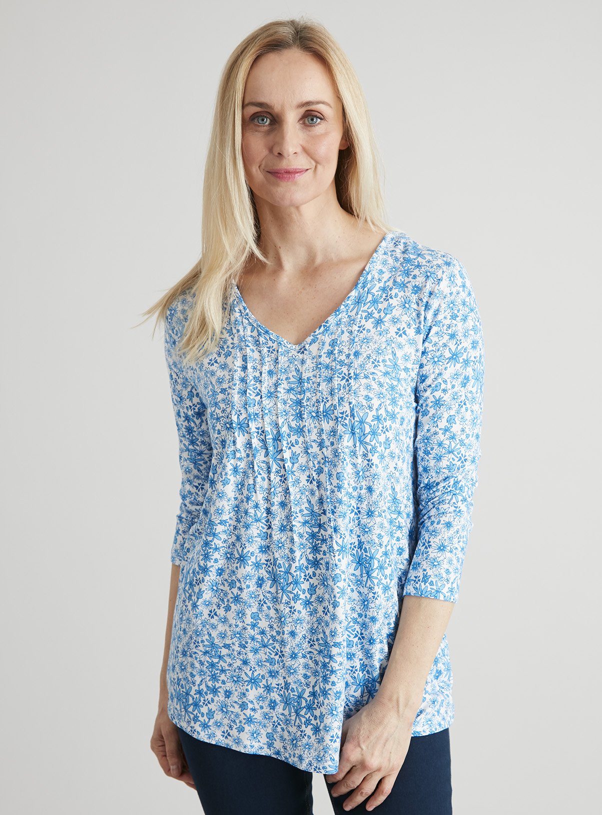 Blue Floral Print Pintuck Top - 10