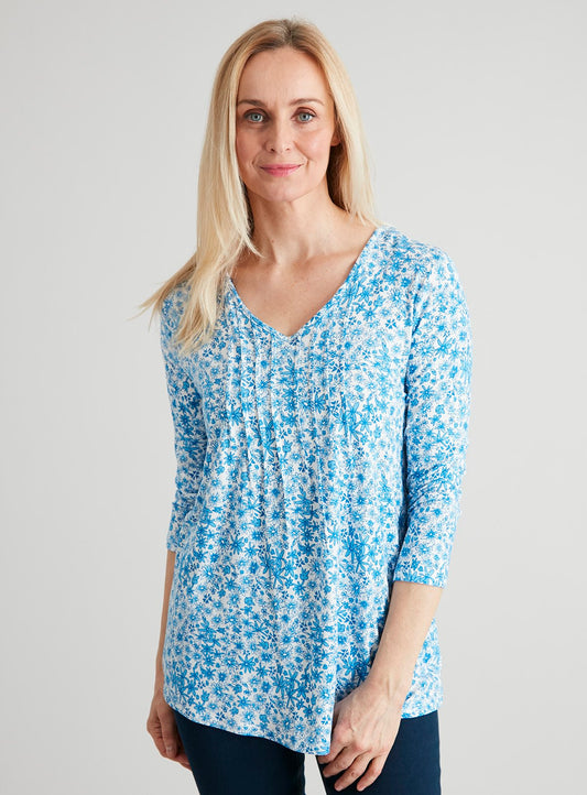 Blue Floral Print Pintuck Top - 10