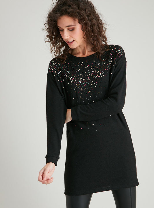 Black Sequin Chevron Yoke Knitted Tunic - 10