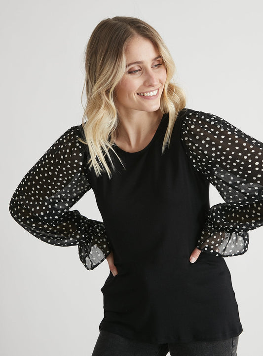 Black Spotted Sheer Sleeve Top - 10