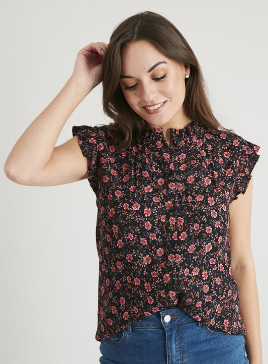 Floral Print Frill Sleeve Shell Top - 10