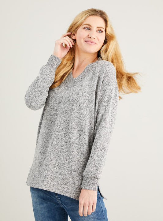 Grey Marl Deep V-Neck Knitlook Top - 10