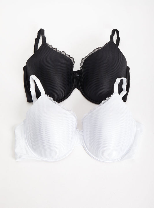 Black & White Lace Trim Full Cup T-Shirt Bra 2 Pack - 32A