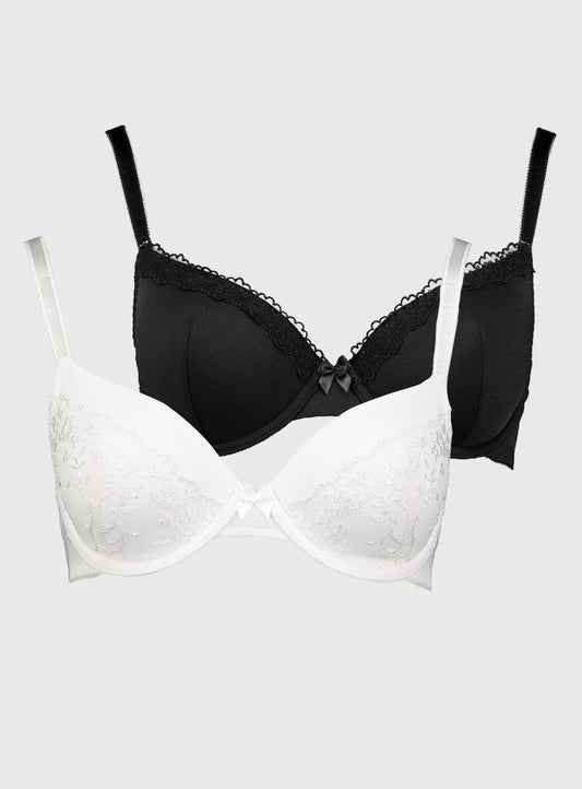 Black & White Embroidered Plunge Bra 2 Pack - 32A