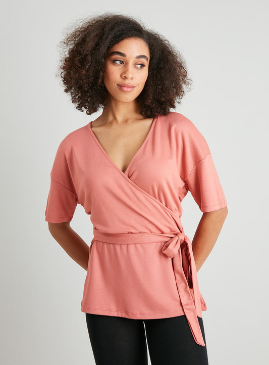 Active Pink Ribbed Wrap-Over Top - 10